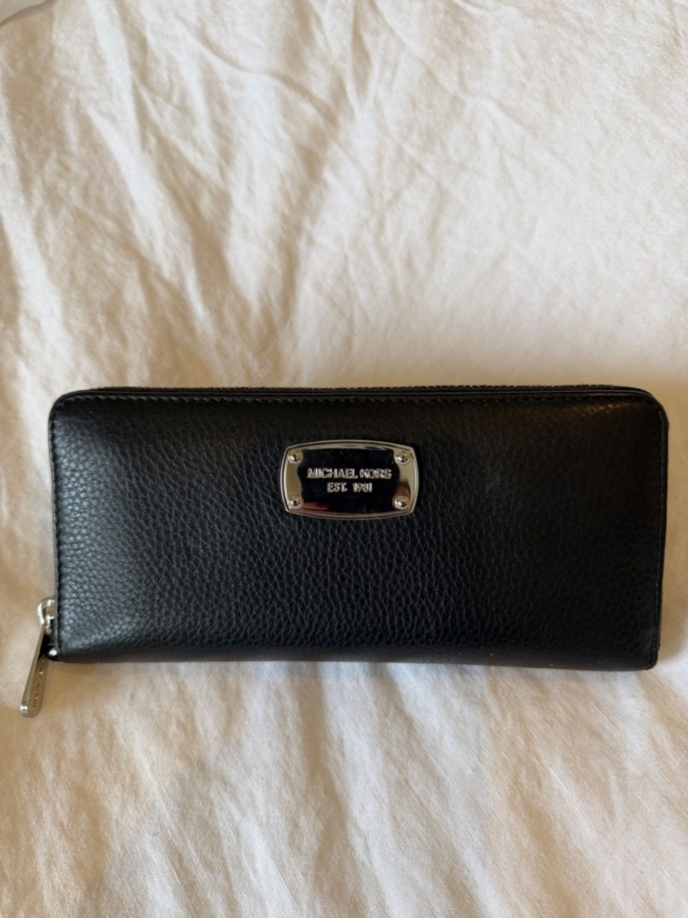 Michael Kors Black Pebbled Leather Zip-Around Wallet with Silver Plate